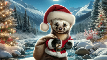 Graphical image of a pine marten in a santa outfit carrying a sack of presents and standing on a snow creek bank at night with a full moon, mountains, evergreen trees decorated in lights in the background. 